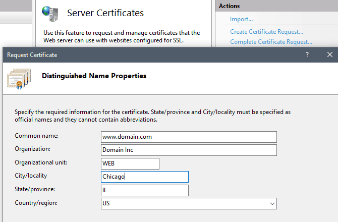 IIS Server Certificates form
